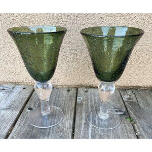 Artland Dark Forest Green Hand Blown Bubble 8” Goblet - Set of 2 READ